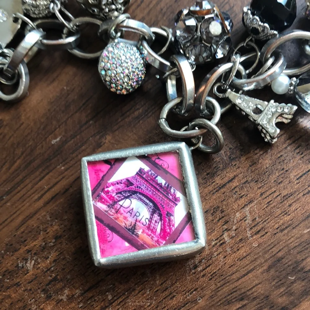 Custom Handmade Charm Bracelet Silver 14 Heavy Charms Cross Toggle Link Chain 7